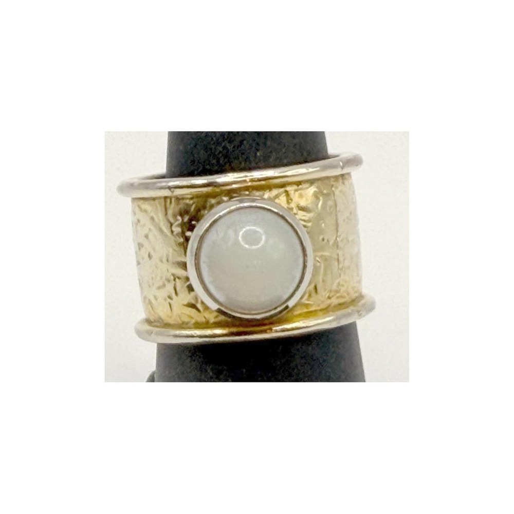 Wide Gold Tone Textured Band Ring White Cabochon Size 8 Statement